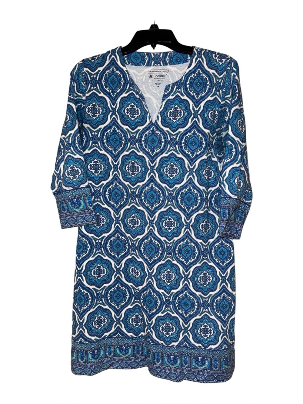 Coolibar Oceanside Tunic Dress Cover Up UPF 50+ Blue Medallion Print Medium